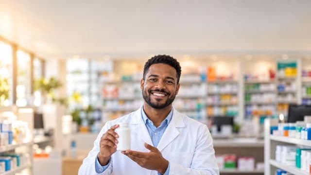 Farmacêutico sorrindo, com jaleco branco, segurando um frasco de medicamento sem rótulo legível, em uma farmácia moderna com prateleiras organizadas