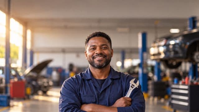 Mecânico sorrindo, com macacão azul-marinho, segurando uma chave inglesa, em uma oficina mecânica moderna e organizada