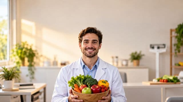 Nutricionista sorrindo, com jaleco branco sobre camisa azul-clara, segurando uma tigela de frutas e legumes frescos, em um consultório de nutrição claro com bancada e balança
