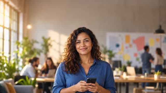 Profissional de marketing sorrindo, com camisa casual azul, segurando um smartphone, em uma agência criativa moderna com equipe desfocada e quadros de ideias