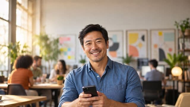 Profissional de marketing sorrindo, com camisa casual azul, segurando um smartphone, em uma agência criativa moderna com equipe desfocada e quadros de ideias