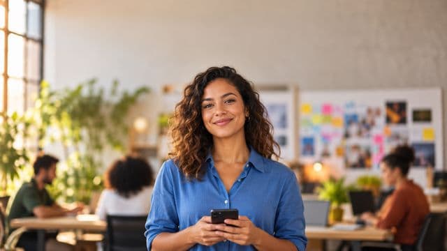 Profissional de marketing sorrindo, com camisa casual azul, segurando um smartphone, em uma agência criativa moderna com equipe desfocada e quadros de ideias