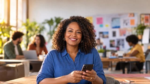 Profissional de marketing sorrindo, com camisa casual azul, segurando um smartphone, em uma agência criativa moderna com equipe desfocada e quadros de ideias