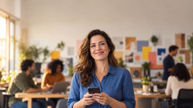Profissional de marketing sorrindo, com camisa casual azul, segurando um smartphone, em uma agência criativa moderna com equipe desfocada e quadros de ideias