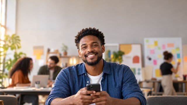 Profissional de marketing sorrindo, com camisa casual azul, segurando um smartphone, em uma agência criativa moderna com equipe desfocada e quadros de ideias