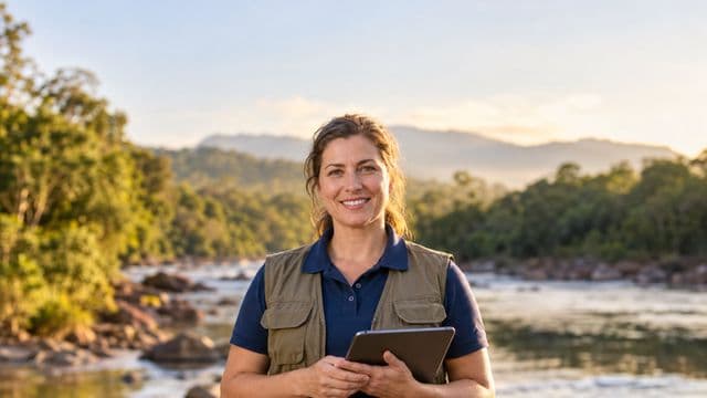 Gestora ambiental sorrindo, com camisa polo azul e colete de campo, segurando um tablet, em uma área de preservação com mata e um rio