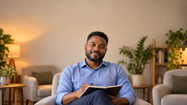 Psicólogo sorrindo, com camisa social azul, sem gravata, segurando um caderno de anotações, em um consultório de psicologia aconchegante com poltronas e plantas