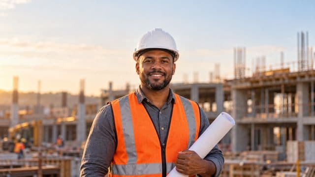 Engenheiro civil sorrindo, com capacete branco e colete refletivo laranja, segurando uma planta da obra enrolada, em um canteiro de obras com a estrutura de um prédio