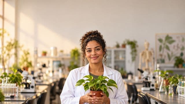 Professora de biologia sorrindo, com jaleco branco, segurando uma planta em um vaso pequeno, em um laboratório de biologia com microscópios