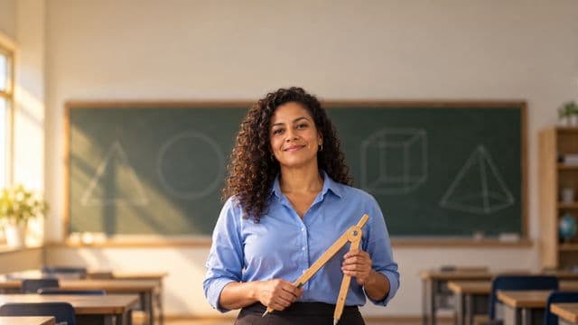 Professora de exatas sorrindo, com camisa social azul, segurando um compasso de madeira, em uma sala de aula com lousa coberta de formas geométricas