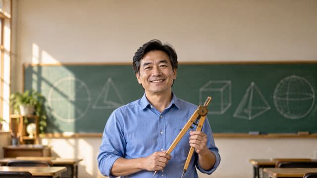 Professor de exatas sorrindo, com camisa social azul, segurando um compasso de madeira, em uma sala de aula com lousa coberta de formas geométricas