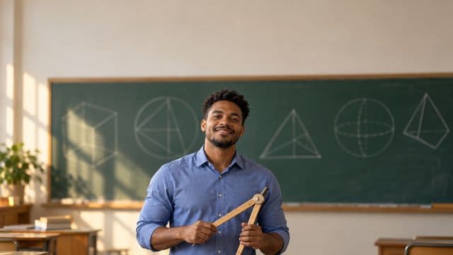 Professor de exatas sorrindo, com camisa social azul, segurando um compasso de madeira, em uma sala de aula com lousa coberta de formas geométricas