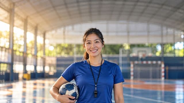 Profissional de educação física sorrindo, com camiseta esportiva azul e apito no pescoço, segurando uma bola, em uma quadra poliesportiva coberta e bem iluminada