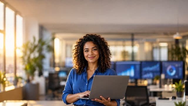 Cientista de dados sorrindo, com camisa casual azul, segurando um notebook aberto, em um escritório de tecnologia moderno com telas de gráficos desfocadas