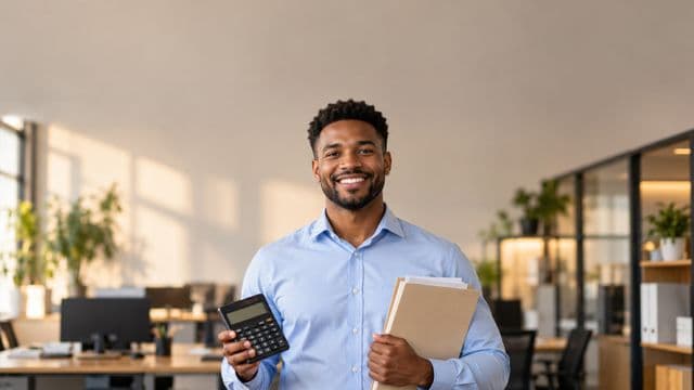 Contador sorrindo, com camisa social azul-clara, segurando uma calculadora e uma pasta de documentos, em um escritório contábil moderno