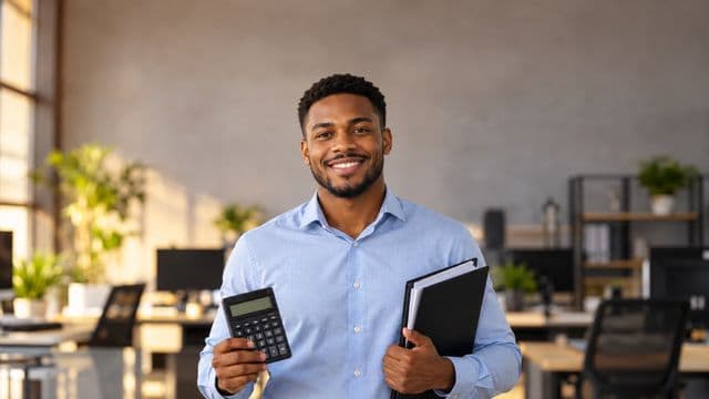 Contador sorrindo, com camisa social azul-clara, segurando uma calculadora e uma pasta de documentos, em um escritório contábil moderno