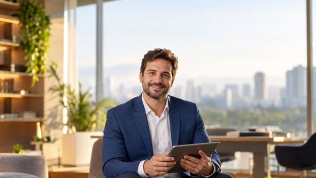Profissional sorrindo, com blazer azul sobre camisa branca, segurando um tablet, em um escritório moderno e bem iluminado