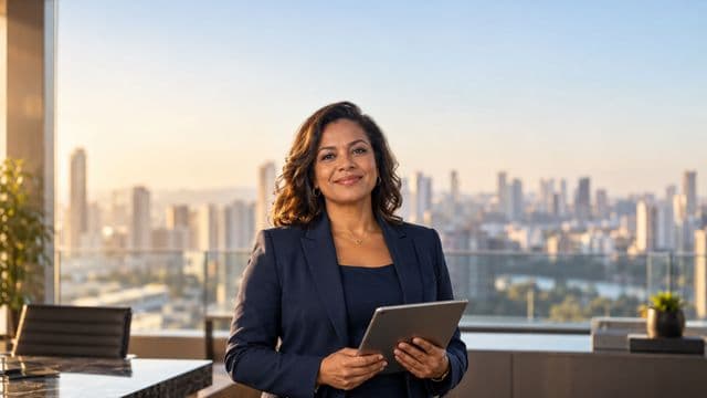 Analista financeira sorrindo, com terno azul-marinho, segurando um tablet, em um escritório corporativo com vista para a cidade