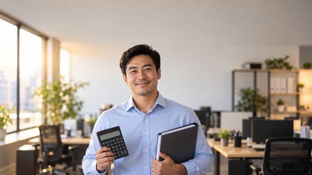 Contador sorrindo, com camisa social azul-clara, segurando uma calculadora e uma pasta de documentos, em um escritório contábil moderno