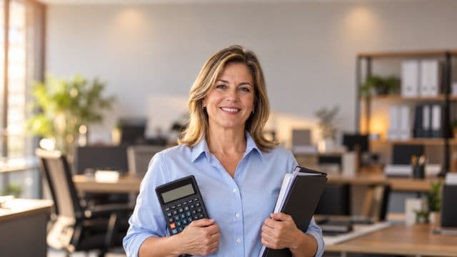 Contadora sorrindo, com camisa social azul-clara, segurando uma calculadora e uma pasta de documentos, em um escritório contábil moderno