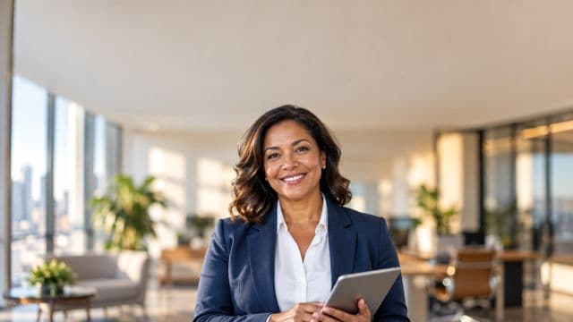 Profissional sorrindo, com blazer azul sobre camisa branca, segurando um tablet, em um escritório moderno e bem iluminado
