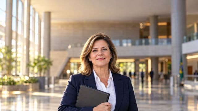 Servidora pública sorrindo, com blazer azul-marinho sobre camisa branca, segurando uma pasta, em o saguão amplo de um prédio público moderno
