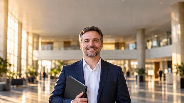 Servidor público sorrindo, com blazer azul-marinho sobre camisa branca, segurando uma pasta, em o saguão amplo de um prédio público moderno