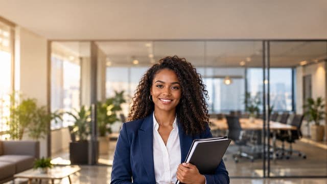 Profissional de recursos humanos sorrindo, com blazer azul sobre camisa branca, segurando uma pasta de documentos, em um escritório moderno com uma sala de reunião envidraçada