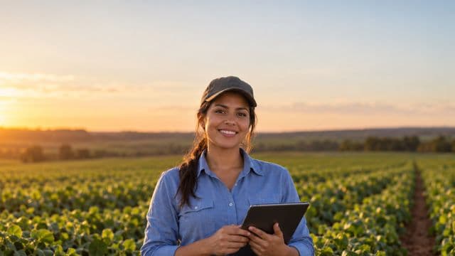 Engenheira agrônoma sorrindo, com camisa azul de mangas compridas e boné, segurando um tablet, em uma plantação extensa no fim da tarde