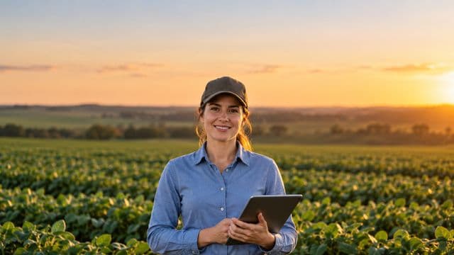 Engenheira agrônoma sorrindo, com camisa azul de mangas compridas e boné, segurando um tablet, em uma plantação extensa no fim da tarde