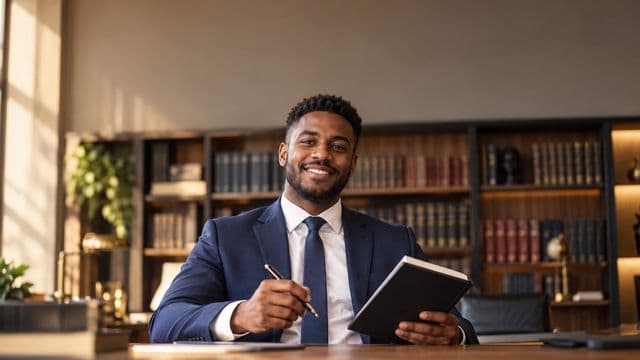 Advogado sorrindo, com terno azul-marinho e camisa branca, segurando um livro de capa lisa e uma caneta, em um escritório de advocacia elegante com estantes de livros