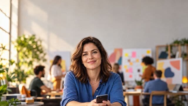 Profissional de marketing sorrindo, com camisa casual azul, segurando um smartphone, em uma agência criativa moderna com equipe desfocada e quadros de ideias