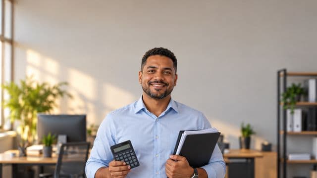 Contador sorrindo, com camisa social azul-clara, segurando uma calculadora e uma pasta de documentos, em um escritório contábil moderno