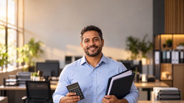 Contador sorrindo, com camisa social azul-clara, segurando uma calculadora e uma pasta de documentos, em um escritório contábil moderno