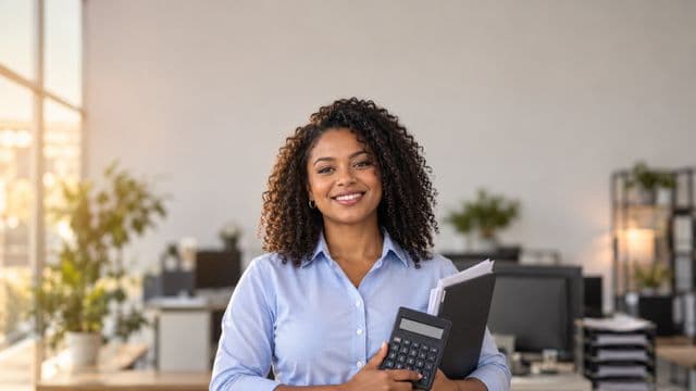 Contadora sorrindo, com camisa social azul-clara, segurando uma calculadora e uma pasta de documentos, em um escritório contábil moderno