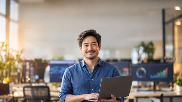 Cientista de dados sorrindo, com camisa casual azul, segurando um notebook aberto, em um escritório de tecnologia moderno com telas de gráficos desfocadas