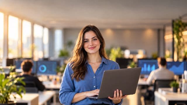 Cientista de dados sorrindo, com camisa casual azul, segurando um notebook aberto, em um escritório de tecnologia moderno com telas de gráficos desfocadas