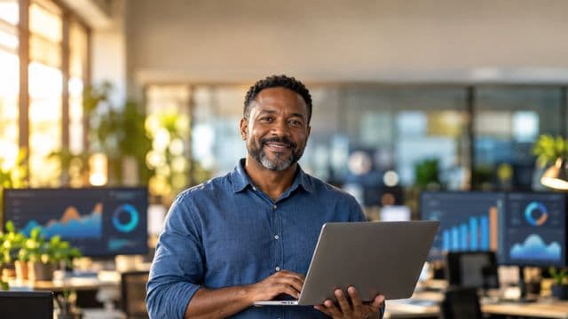 Cientista de dados sorrindo, com camisa casual azul, segurando um notebook aberto, em um escritório de tecnologia moderno com telas de gráficos desfocadas