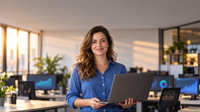 Cientista de dados sorrindo, com camisa casual azul, segurando um notebook aberto, em um escritório de tecnologia moderno com telas de gráficos desfocadas