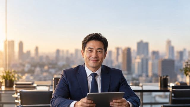 Analista financeiro sorrindo, com terno azul-marinho, segurando um tablet, em um escritório corporativo com vista para a cidade