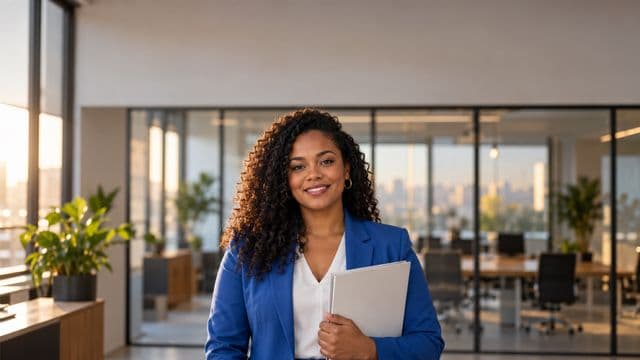 Profissional de recursos humanos sorrindo, com blazer azul sobre camisa branca, segurando uma pasta de documentos, em um escritório moderno com uma sala de reunião envidraçada