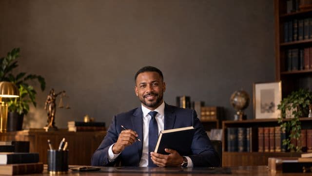 Advogado sorrindo, com terno azul-marinho e camisa branca, segurando um livro de capa lisa e uma caneta, em um escritório de advocacia elegante com estantes de livros
