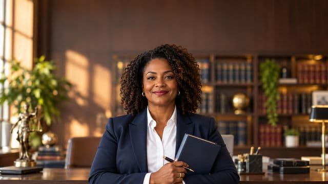 Advogada sorrindo, com terno azul-marinho e camisa branca, segurando um livro de capa lisa e uma caneta, em um escritório de advocacia elegante com estantes de livros