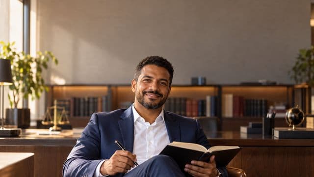 Advogado sorrindo, com terno azul-marinho e camisa branca, segurando um livro de capa lisa e uma caneta, em um escritório de advocacia elegante com estantes de livros