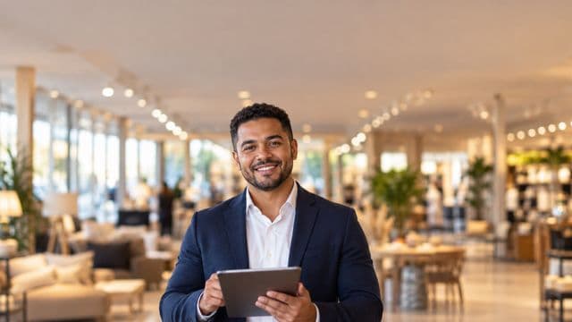 Gerente comercial sorrindo, com blazer azul-marinho sobre camisa branca, segurando um tablet, em uma loja moderna e bem iluminada