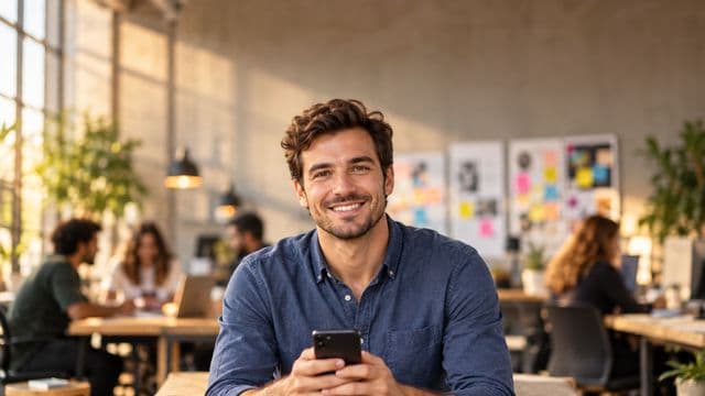 Profissional de marketing sorrindo, com camisa casual azul, segurando um smartphone, em uma agência criativa moderna com equipe desfocada e quadros de ideias