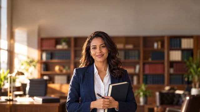 Advogada sorrindo, com terno azul-marinho e camisa branca, segurando um livro de capa lisa e uma caneta, em um escritório de advocacia elegante com estantes de livros