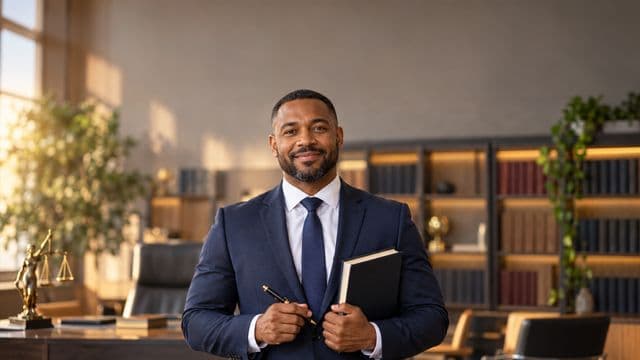 Advogado sorrindo, com terno azul-marinho e camisa branca, segurando um livro de capa lisa e uma caneta, em um escritório de advocacia elegante com estantes de livros