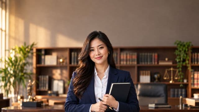 Advogada sorrindo, com terno azul-marinho e camisa branca, segurando um livro de capa lisa e uma caneta, em um escritório de advocacia elegante com estantes de livros
