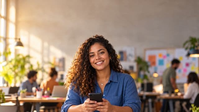 Profissional de marketing sorrindo, com camisa casual azul, segurando um smartphone, em uma agência criativa moderna com equipe desfocada e quadros de ideias